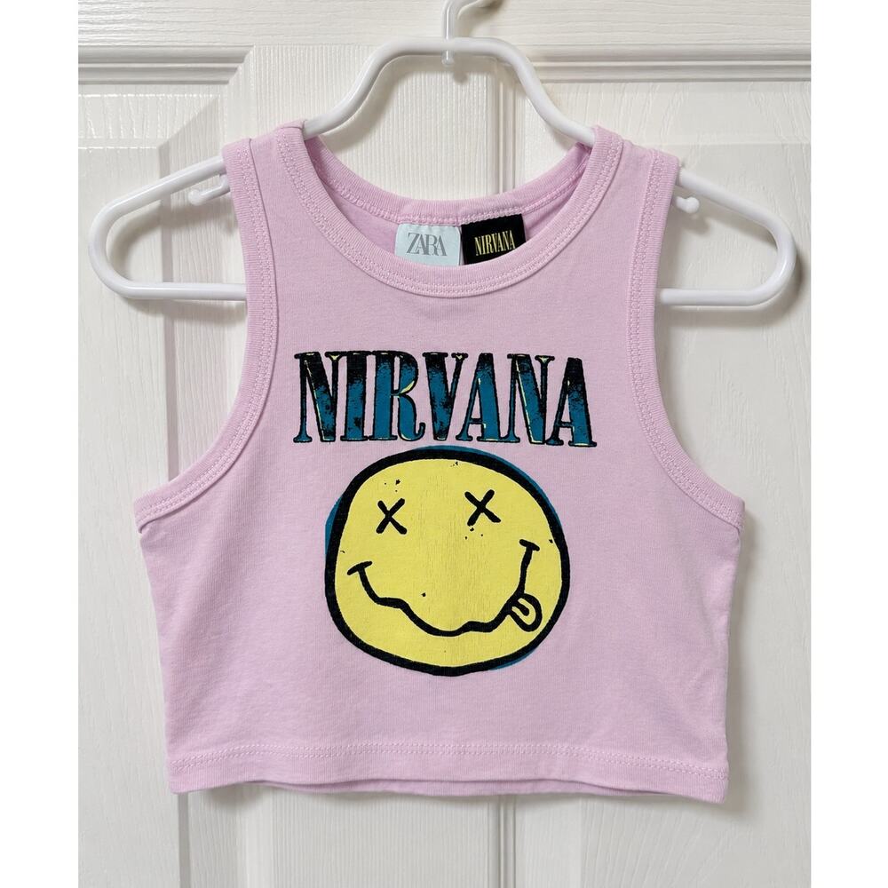 Zara x Nirvana Pink Smiley Graphic Crop Tank Top Kids 6-7